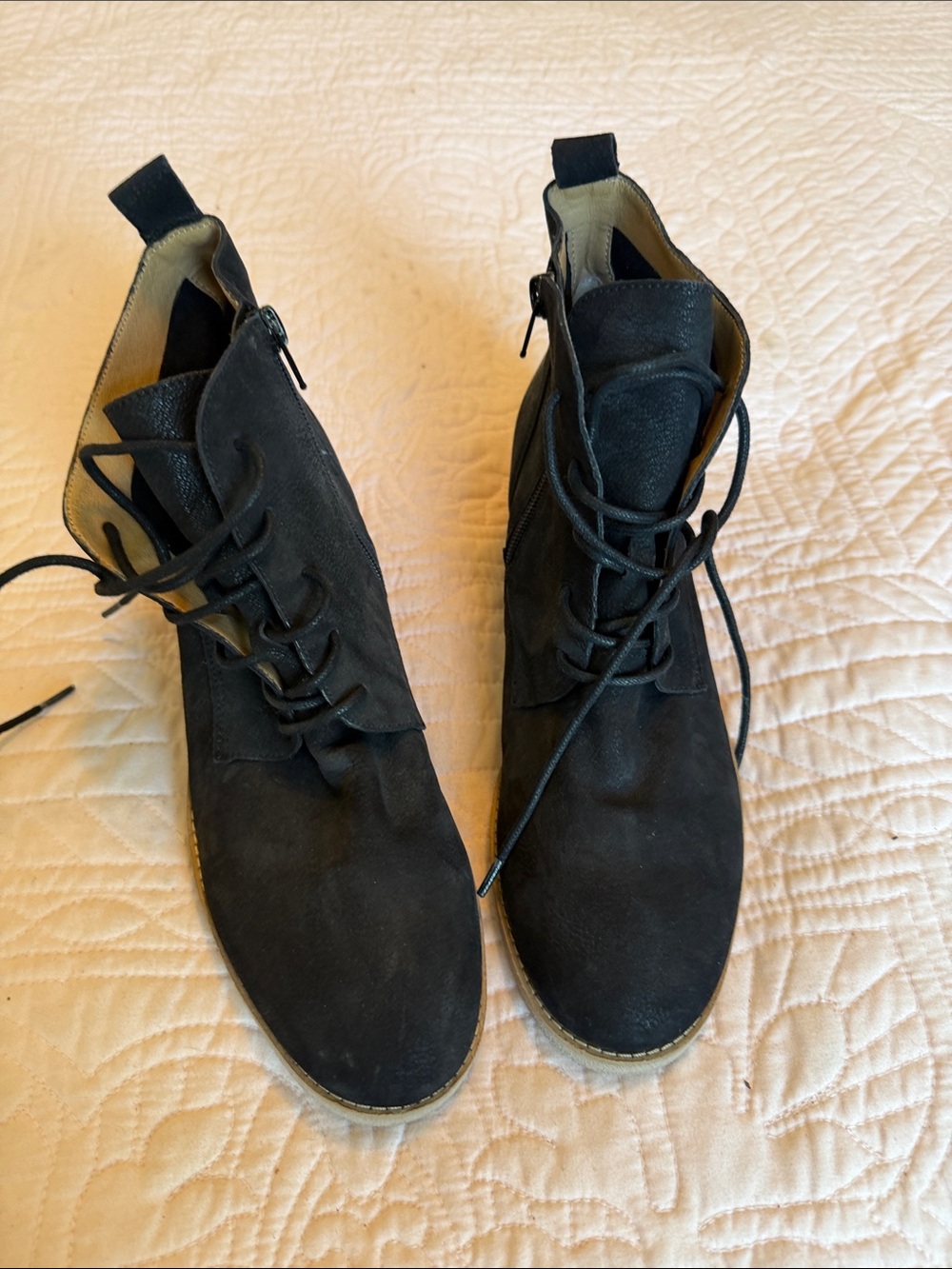 Lucky Brand Black and Tan Suede Lace-Up Ankle Boots